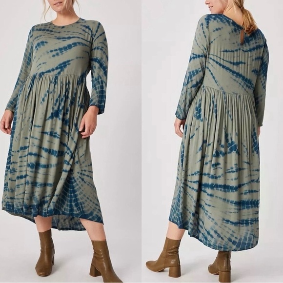 ANTHROPOLOGIE Dolan Eliska Tie-Dye Modest Oversized Dress Moss Green/Blue Sz. M - Picture 2 of 11